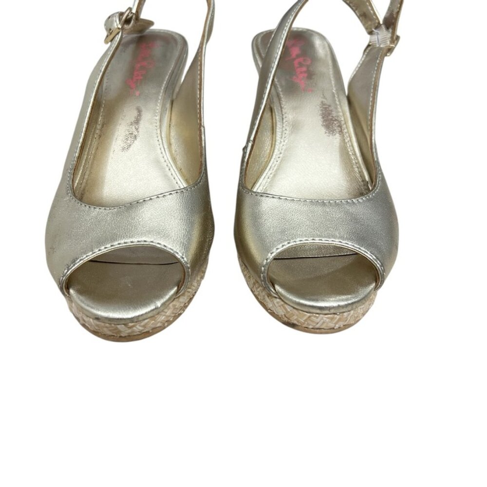 Lilly Pulitzer Gigi Leather Slingback Open Toe Gold Wedge Sandals Women's Sz 7. - Picture 5 of 14